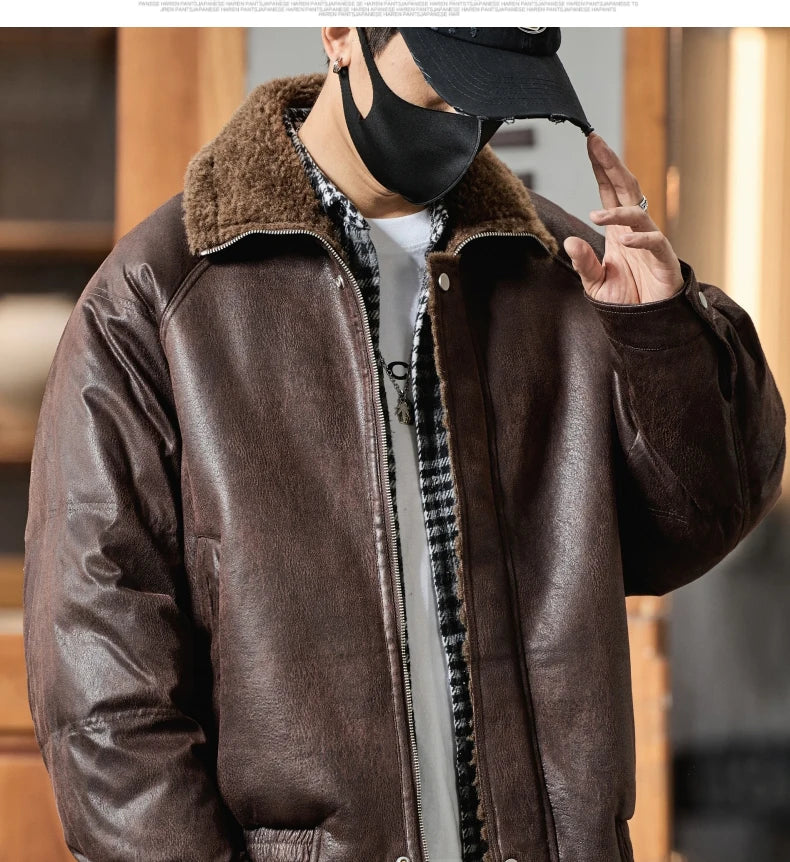 Men’s Faux Fur-Lined Leather Jacket – Warm Motorcycle-Inspired Coat | Vintage Loose-Fit Winter Streetwear Outerwearja