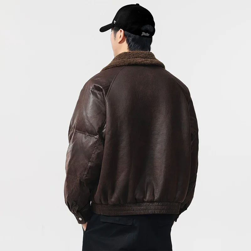 Men’s Faux Fur-Lined Leather Jacket – Warm Motorcycle-Inspired Coat | Vintage Loose-Fit Winter Streetwear Outerwearja