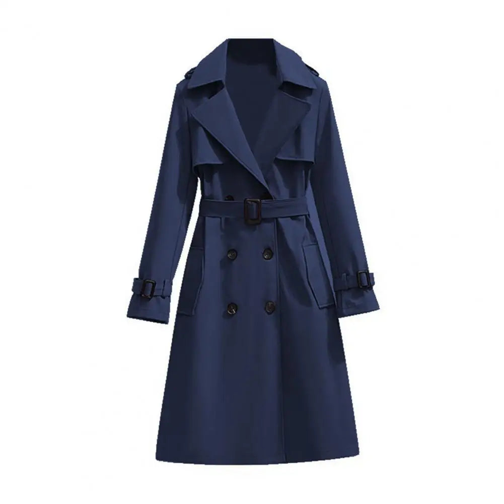 Women’s Classic Double-Breasted Trench Coat – Long Belted Notch Lapel Overcoat, Elegant Fall & Winter Outerwear