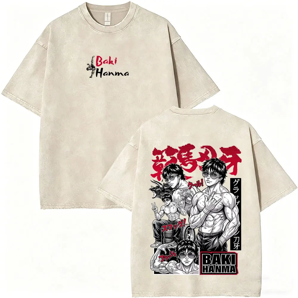 Unisex Baki Hanma Anime T-Shirt – Vintage Washed Oversized Retro Manga Cotton Tee