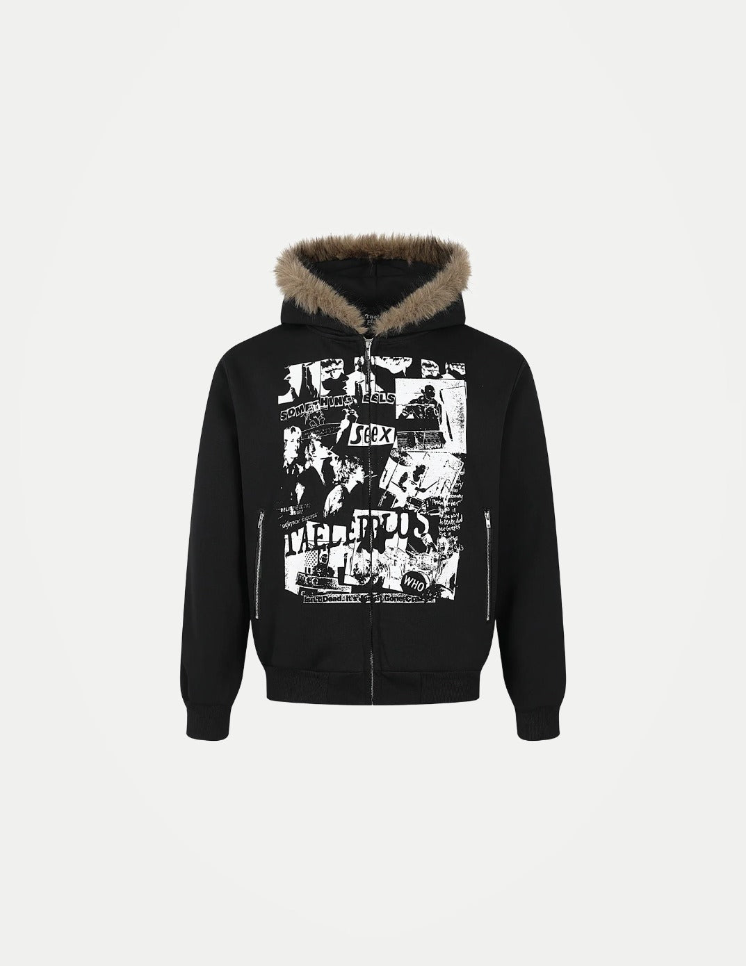 Unisex Retro Printed Hooded Jacket – Loose-Fit Long Sleeve Coat with Faux Fur Collar