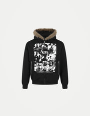 Unisex Retro Printed Hooded Jacket – Loose-Fit Long Sleeve Coat with Faux Fur Collar